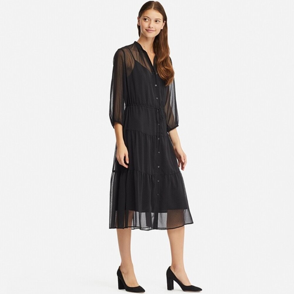 Uniqlo Chiffon Gathered Midi Dress in Black - sz Large - Picture 2 of 10